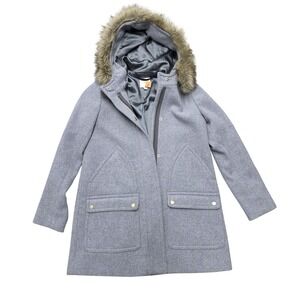 J. Crew Wool Blend Hooded Parka Coat‎ with Faux Fur Trim Gray Size 2